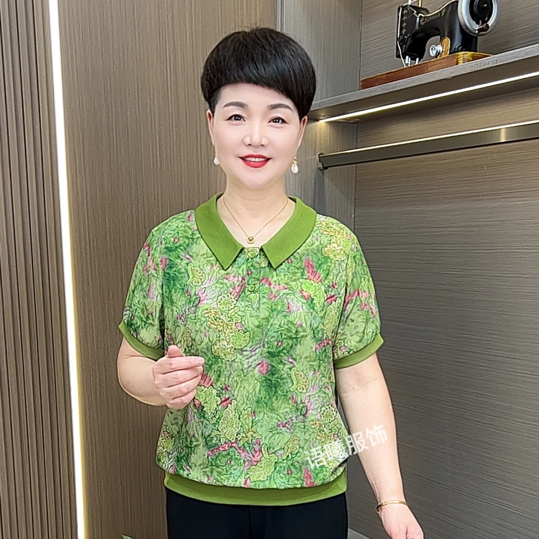 薄款极简风娃娃领纽扣中老年女装显瘦短袖上衣F552