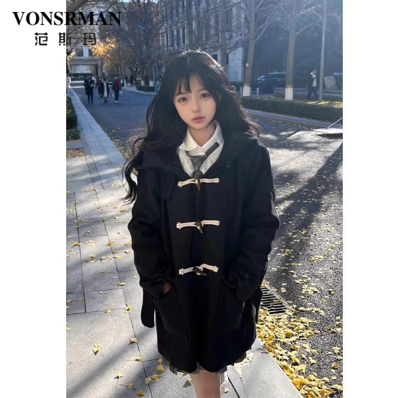牛角扣连帽加厚呢子大衣女2025冬季新款韩系小个子学院风毛呢外套
