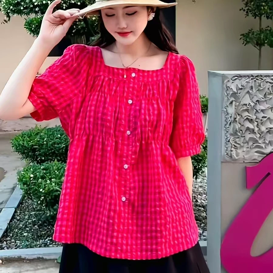 岚岚大码女装夏季新款法式甜美洋气减龄遮肉女神衫6116