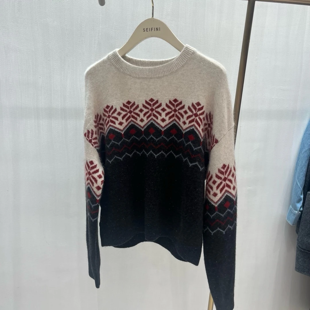 商场伊家同款25春新款宽松提花拼色羊毛针织衫女毛衣3FC130971