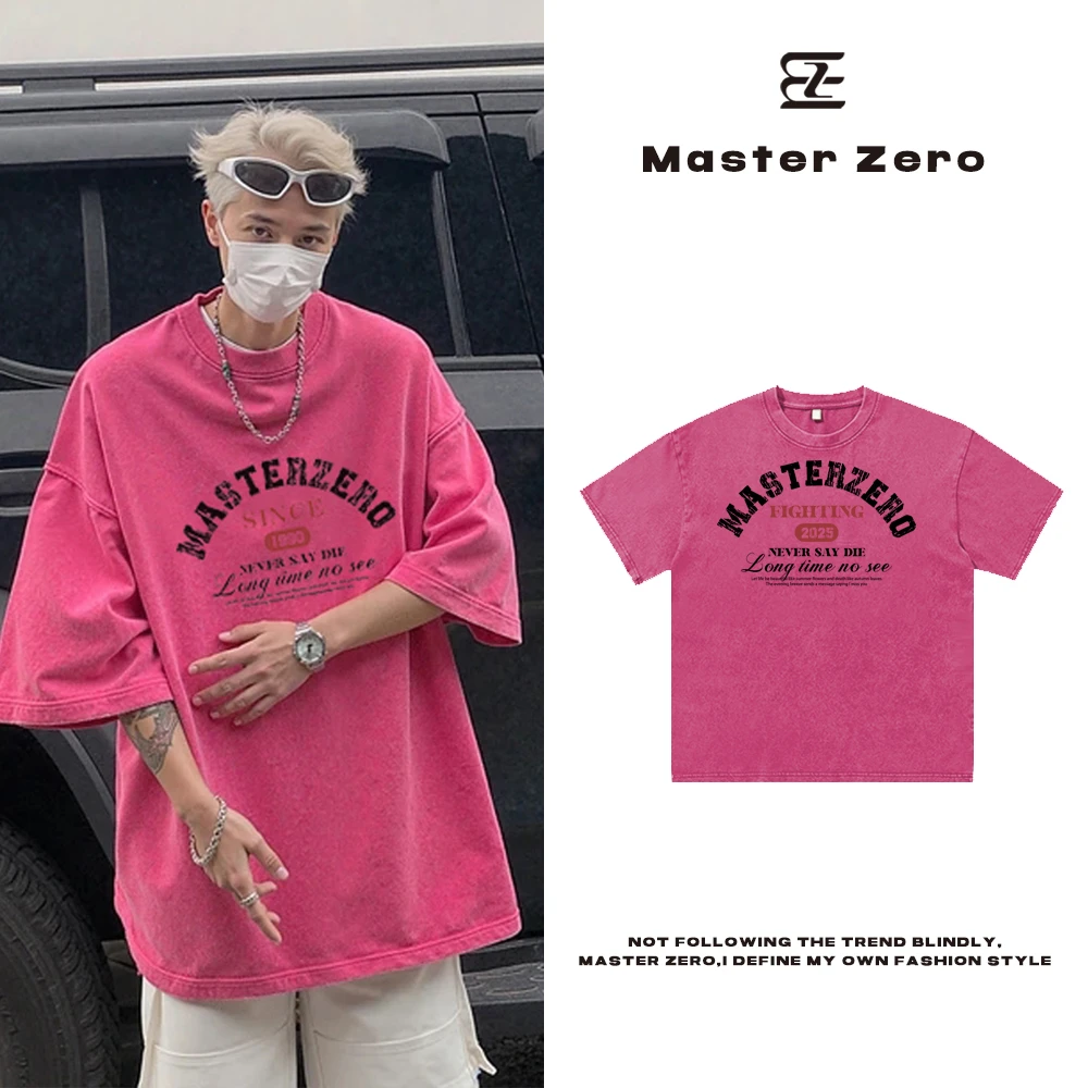 mz夏季新款美式复古做旧水洗印花T恤宽松重磅圆领短袖t恤情侣休闲