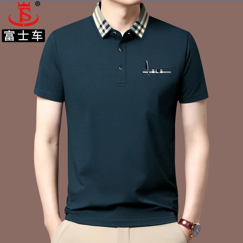 【纯棉】爸爸短袖t恤夏季休闲真口袋polo衫中老年纯色品牌新款上衣