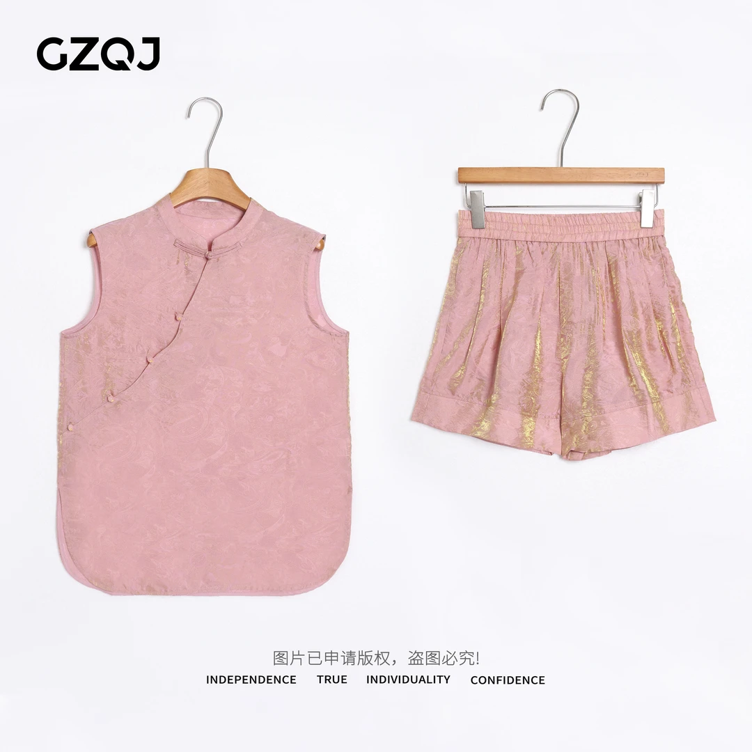 广州琴姐【桃夭】欧若风国风斜襟无袖上衣+高腰短裤子套装女夏 9890