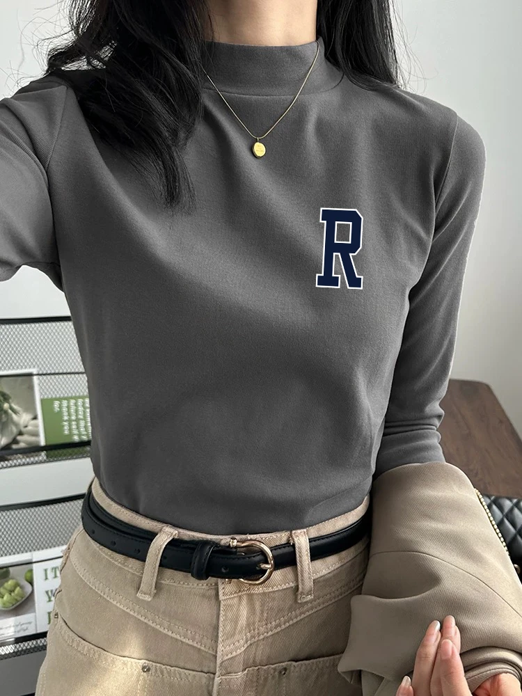 修身保暖加厚长袖内搭女春秋冬半高领加绒T恤打底高级灰德绒上衣