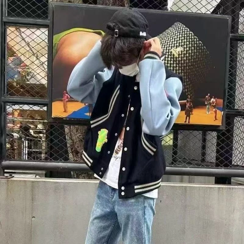 美式潮牌男女拼接夹克同款限定棒球蓝袖刺绣短款新款高街情侣外套