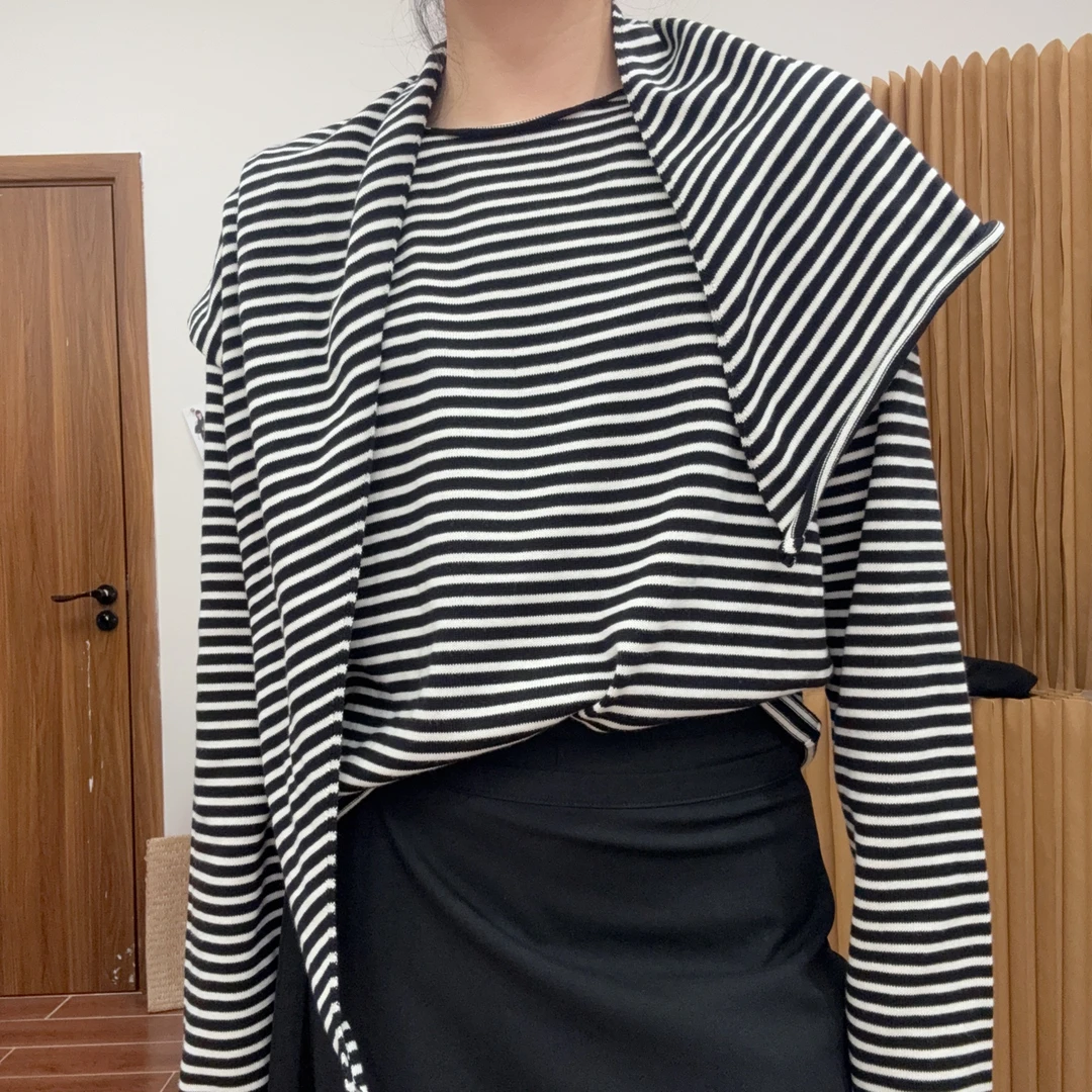 （好好学习）韩系条纹两件套三角巾+长袖上衣T恤