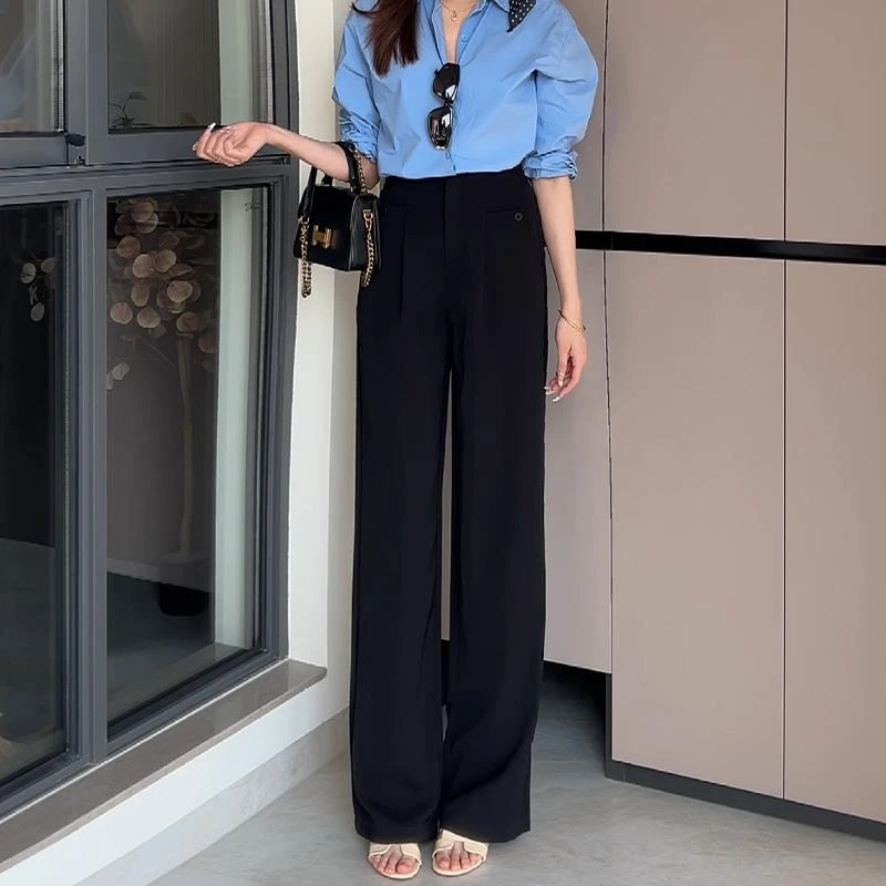 黑色窄版西装阔腿裤女2025夏季新款高腰显瘦气质休闲垂感直筒长裤