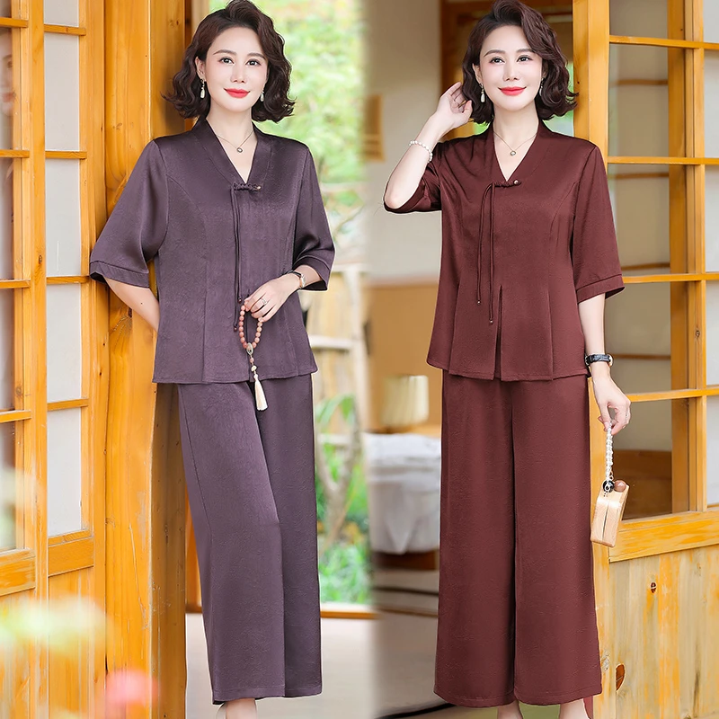缎面时尚妈妈装套装显瘦气质夏季中式中国风外穿流苏