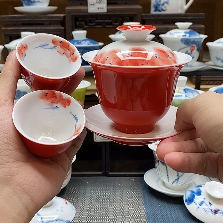 手绘龙船花盖碗160cc➕同款两杯釉下彩微瑕福利款