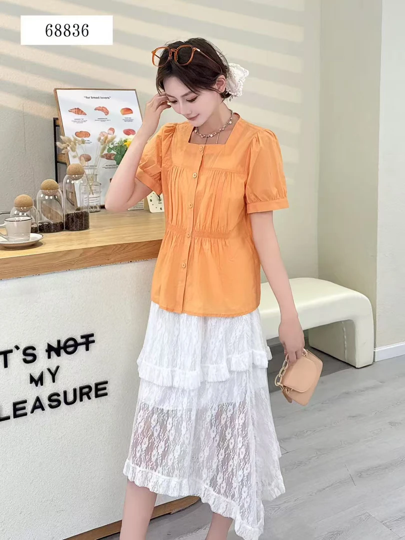 68836 夏季方领纯色洋气简约百搭上衣