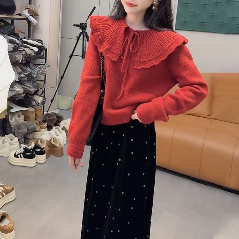 欧货荷叶领针织衫女秋冬新款时尚百搭洋气减龄蝴蝶结系带红色毛衣