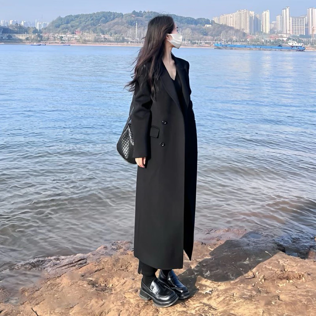 【新品】春季新款女装韩式风格宽松赫本风修身显瘦长款风衣外套大衣