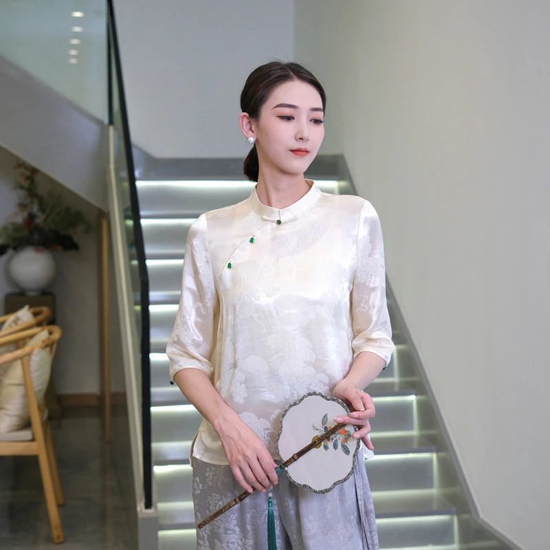 【新中式】【玉玲珑】100桑蚕丝冠乐皱七分袖衬衫国风立领斜襟23S0055