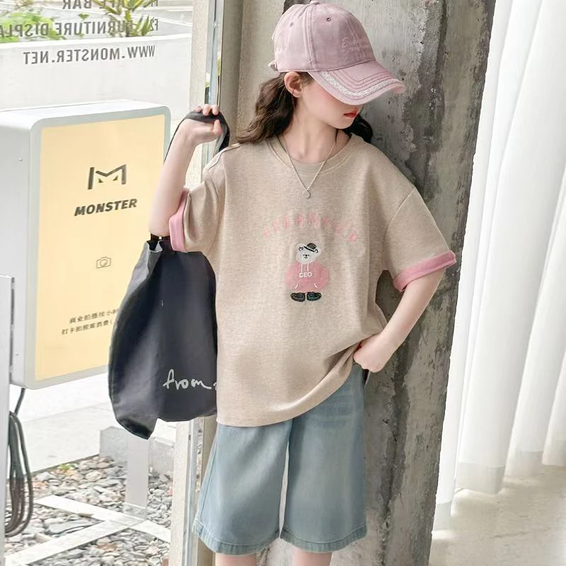 女童休闲风2025季夏新款小熊撞色卷边短袖T恤中大童潮流洋气套装