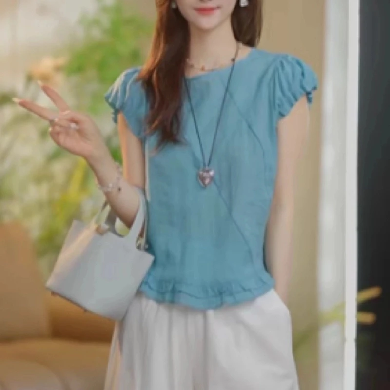 A2025夏季新款法式简约设计花边圆领衬衣女袖花边小衫上衣 黄/蓝