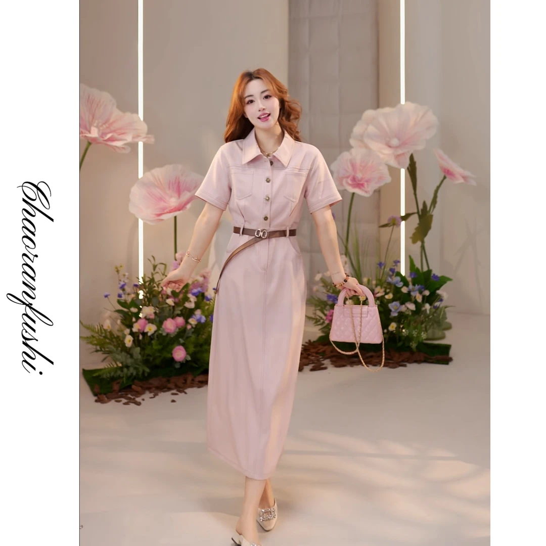 【然然】2025夏季POLO领单排扣高腰收腰显瘦长款连衣裙/25809