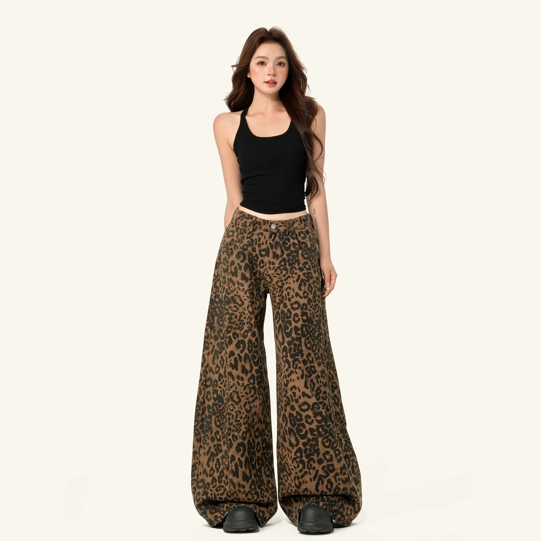 MNGRL 美式豹纹阔腿牛仔裤女复古辣妹宽松直筒裤垂感拖地休闲裤