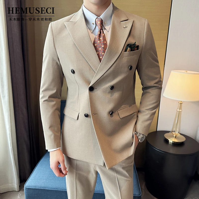 高档男士条纹韩版双排扣西装套装修身休闲结婚西服婚礼新郎礼服