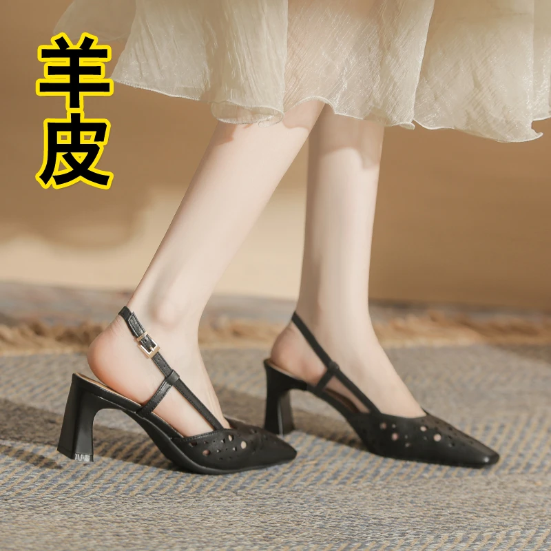 包头镂空单鞋时装凉鞋2025新款一字带法式凉鞋粗跟黑色职业工作鞋