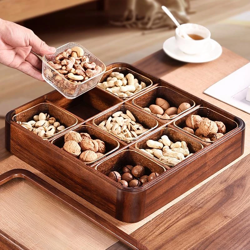 九宫格干果盒胡桃木坚果盘客厅家用高级感瓜子实木零食收纳糖果盒