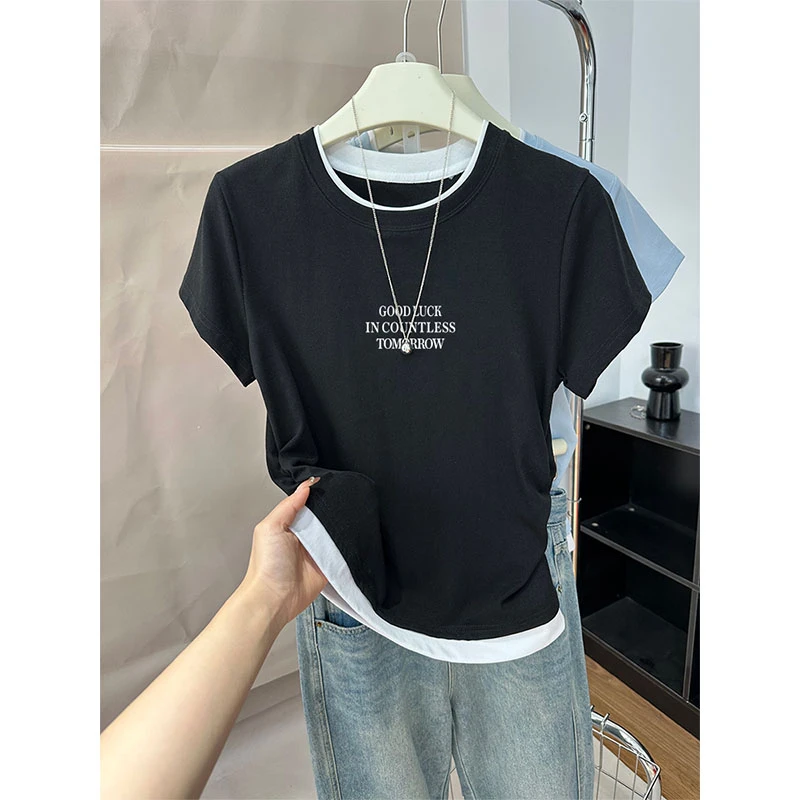 黑色收腰假两件短袖圆领t恤女2025夏季新款时尚修身显瘦小众上衣