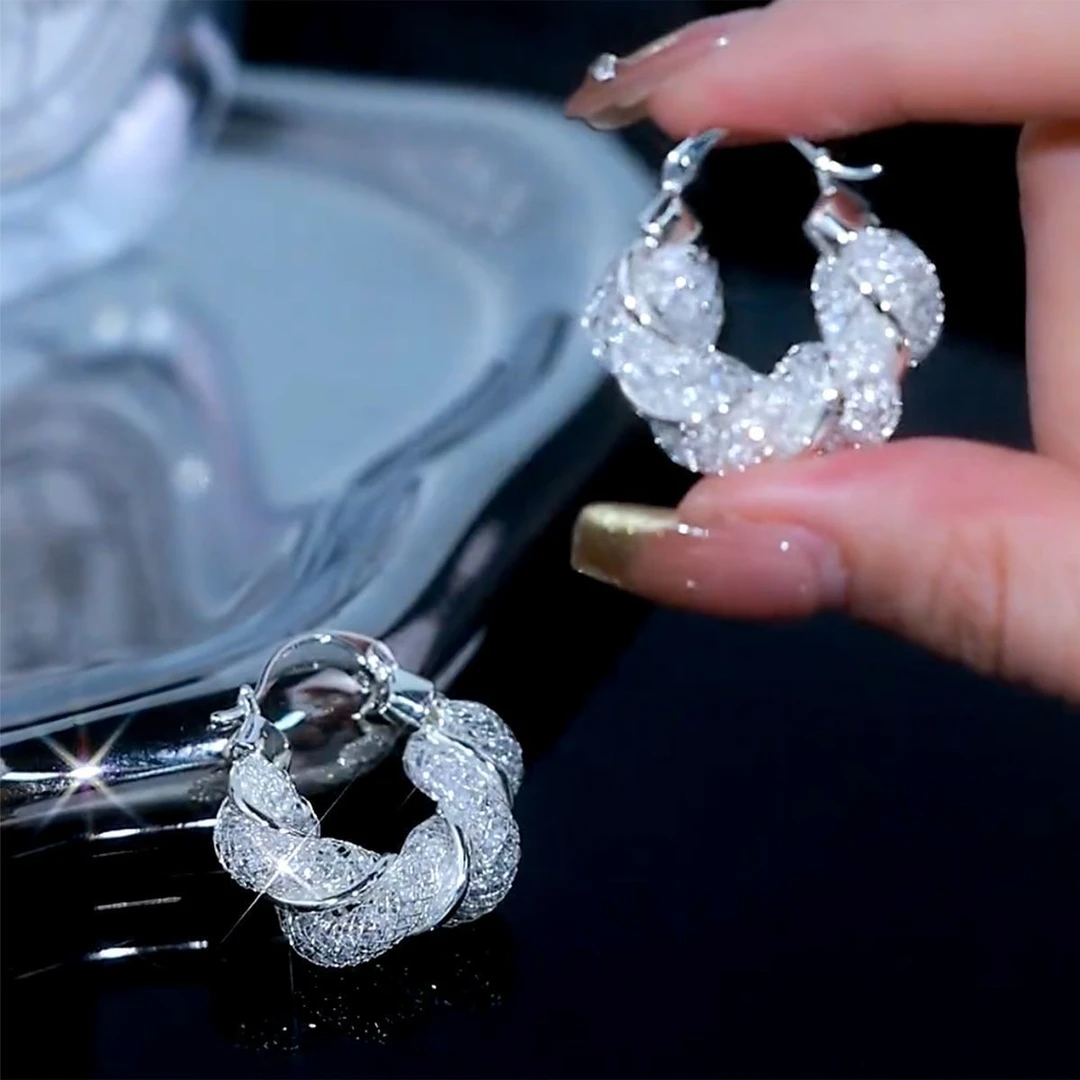 铜合金合成锆石耳饰 银色网纱耳圈耳环搭显脸瘦气质耳饰-348