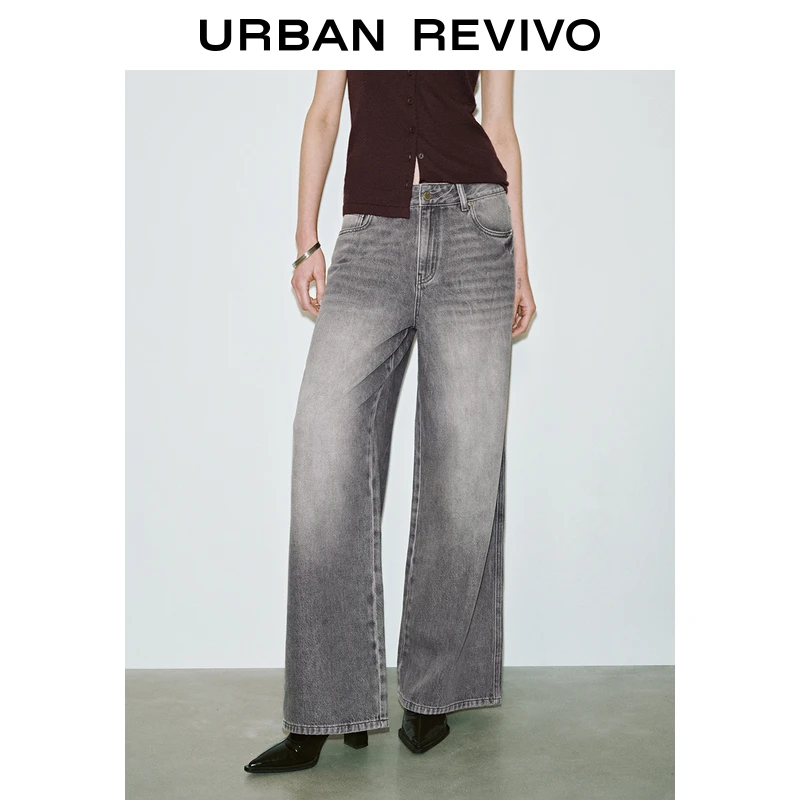 UR2025秋季新款女装复古磨白水洗阔腿牛仔长裤UWJ850025