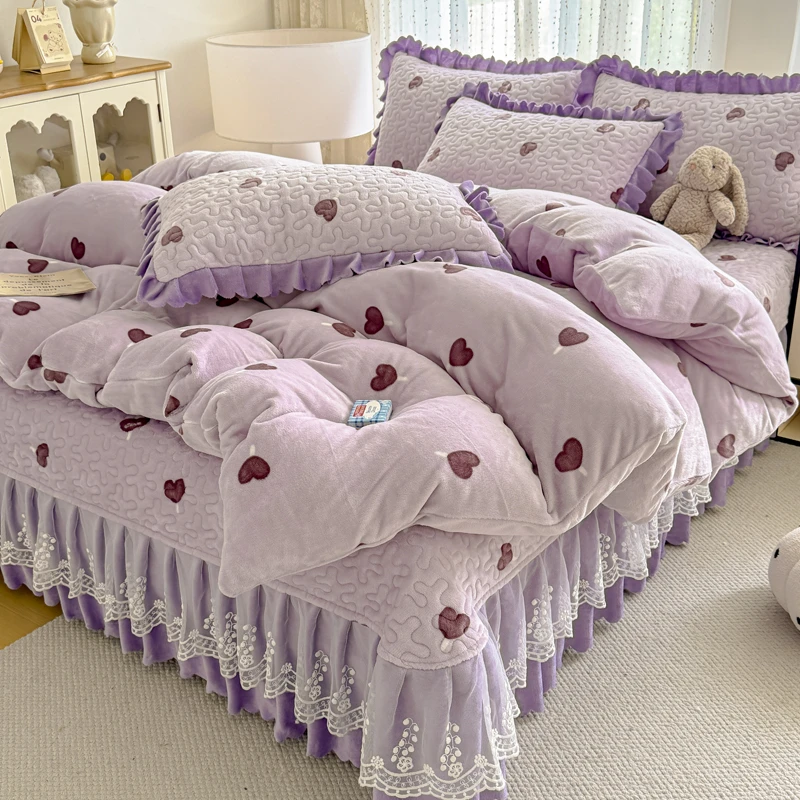 夹棉加厚床盖款牛奶绒四件套加绒被套床单床裙