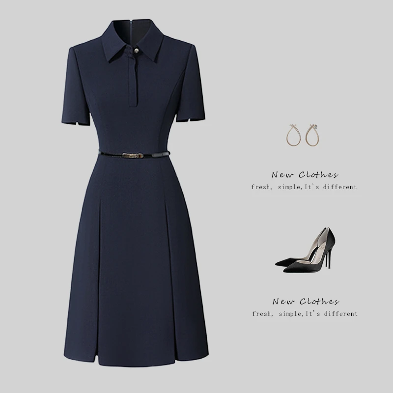 时尚翻领职业连衣裙夏短袖气质修身收腰显瘦幼儿园老师工作服工装