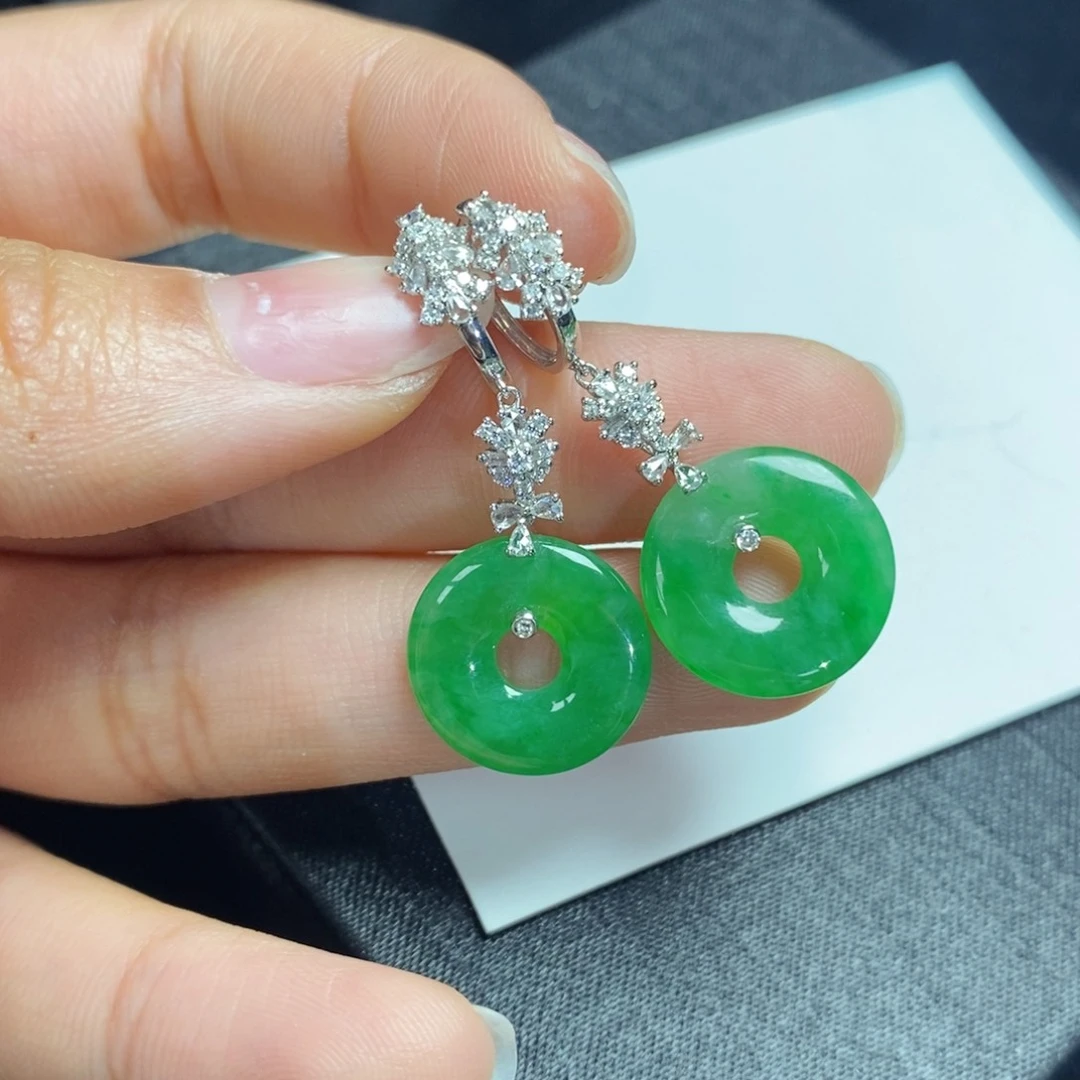 翡翠耳饰18K金镶嵌陈**?设计款甜甜圈耳包