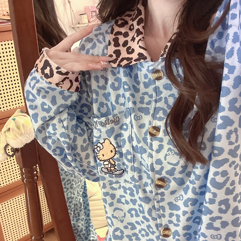 雾蓝豹纹kitty睡衣女秋冬季日系长袖长裤学生德绒保暖家居服套装