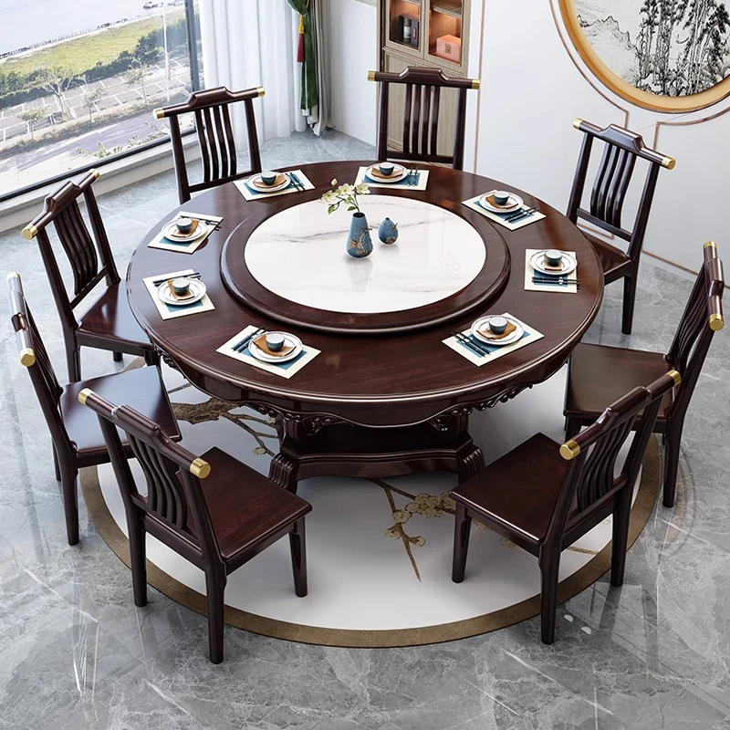 实木圆形餐桌椅组合新中式家用饭桌8/10人大圆桌酒店带转盘经济型