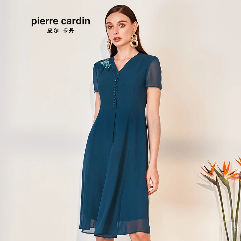 【皮尔卡丹女装】2020夏季蓝色短袖V领A字裙绣花裙子【专柜正品】