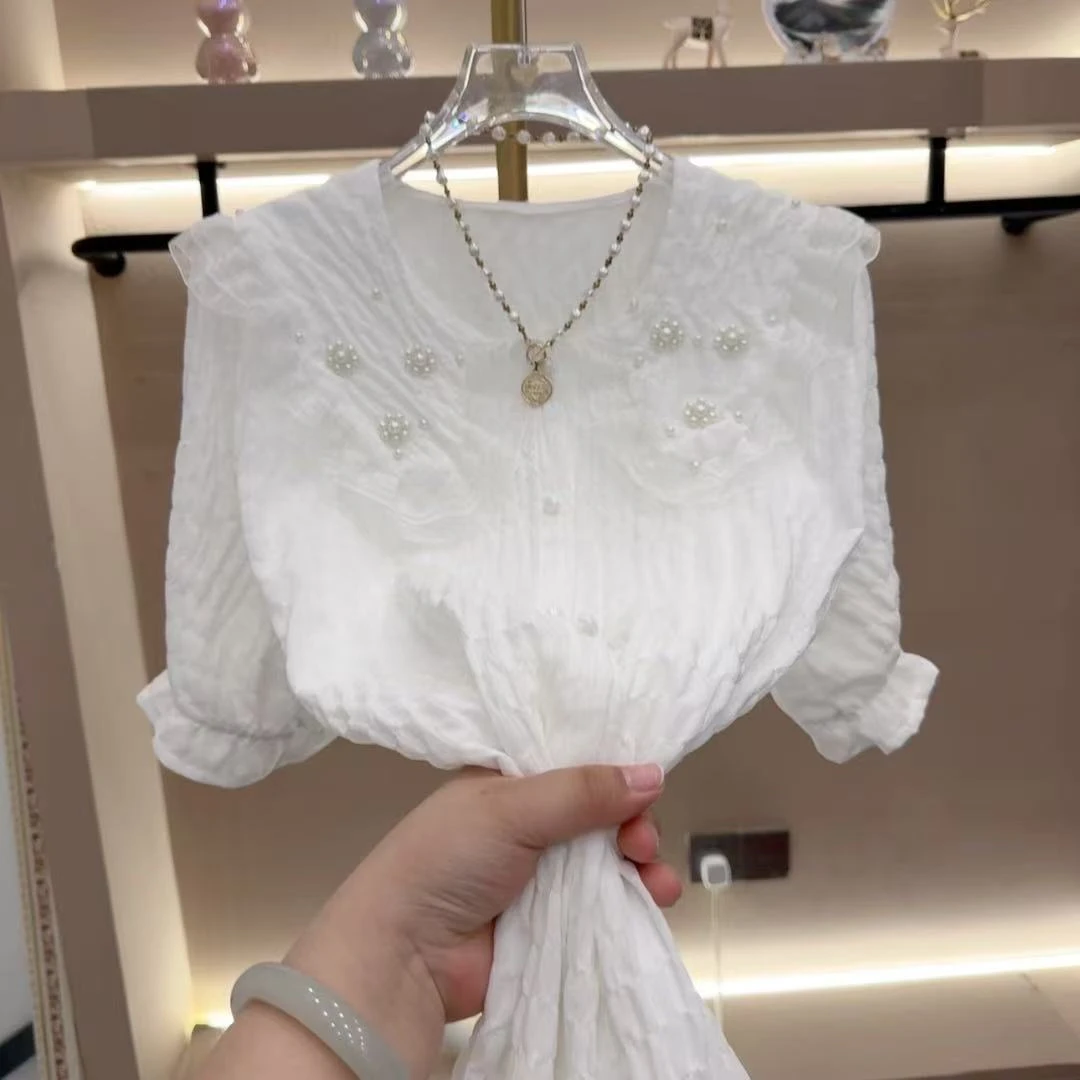 2025年胖MM重工钉珠娃娃领花边上衣遮肉显瘦宽松女