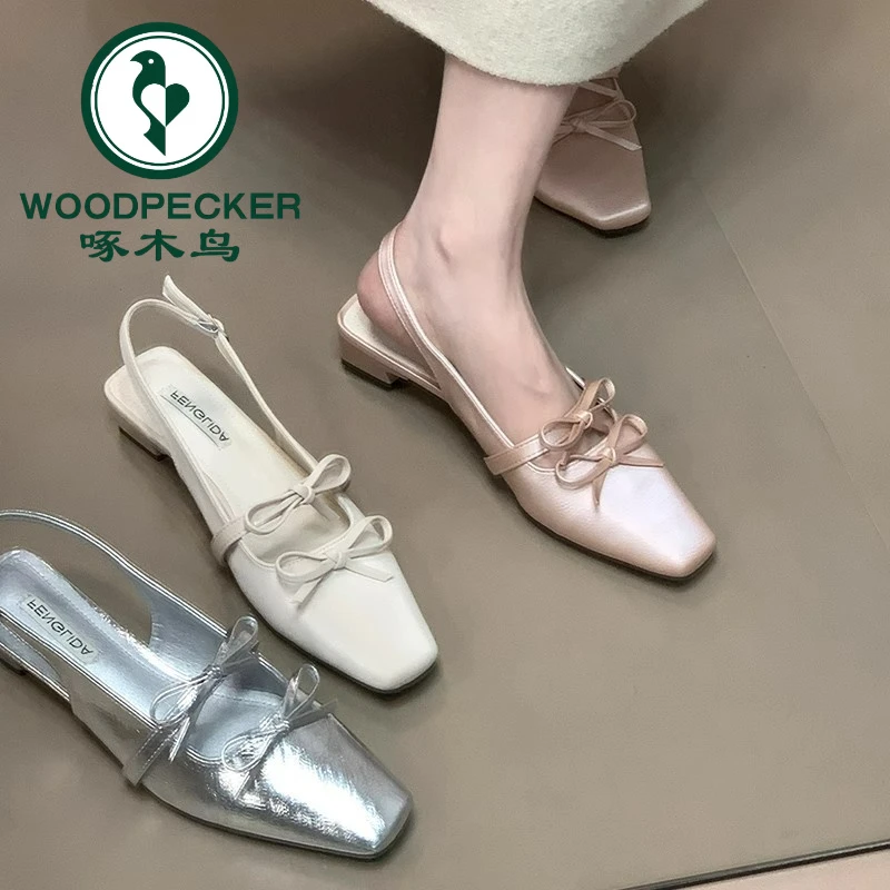 啄木鸟绝美法式粗跟单鞋女2025春夏新款仙女风蝴蝶结后空包头凉鞋