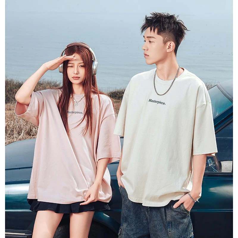 潮牌印花T恤男女同款宽松圆领美式复古短袖情侣装百搭上衣纯色