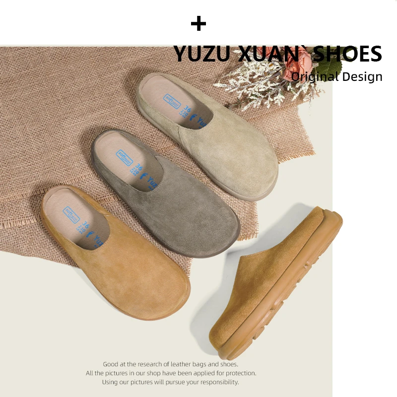 【一乐】厚底小土豆穆勒牛皮包头博肯鞋复古软底一脚蹬休闲半拖鞋