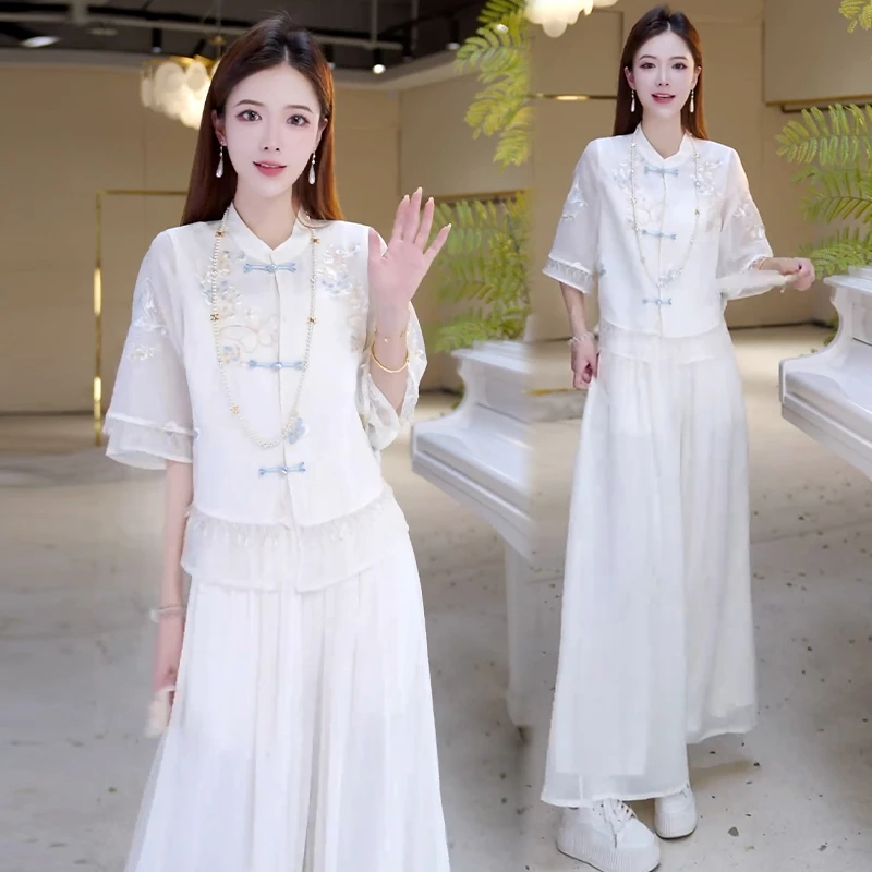 休闲文艺风套装女2025夏季新款洋气百搭显瘦盘扣上衣阔腿裤两件套