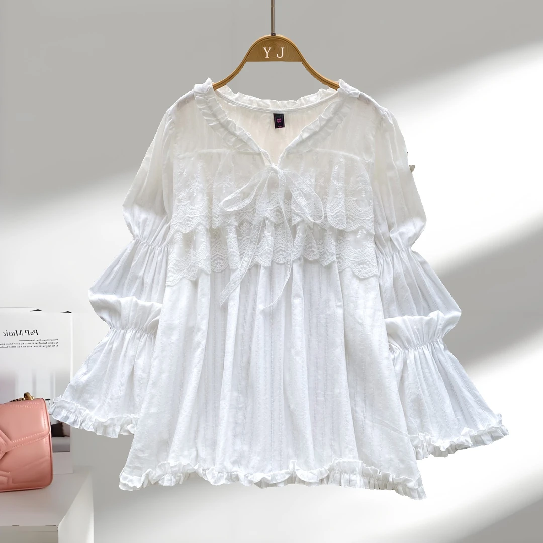 法式温柔风甜美蕾丝拼接喇叭袖衬衫女2025秋装宽松显瘦娃娃衫上衣
