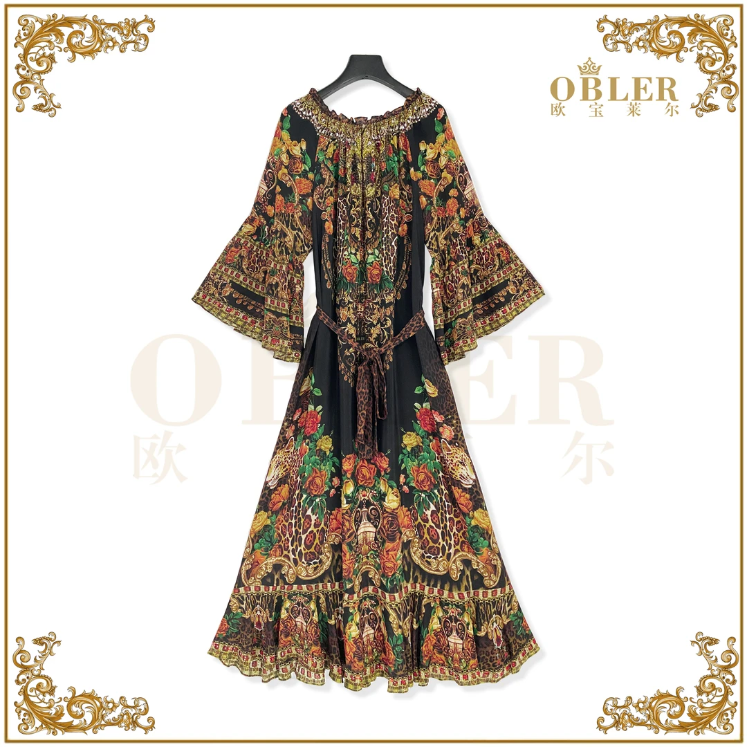 【欧宝莱尔】OBLE新款女装高定烫钻气质真丝女装连衣裙305-24157