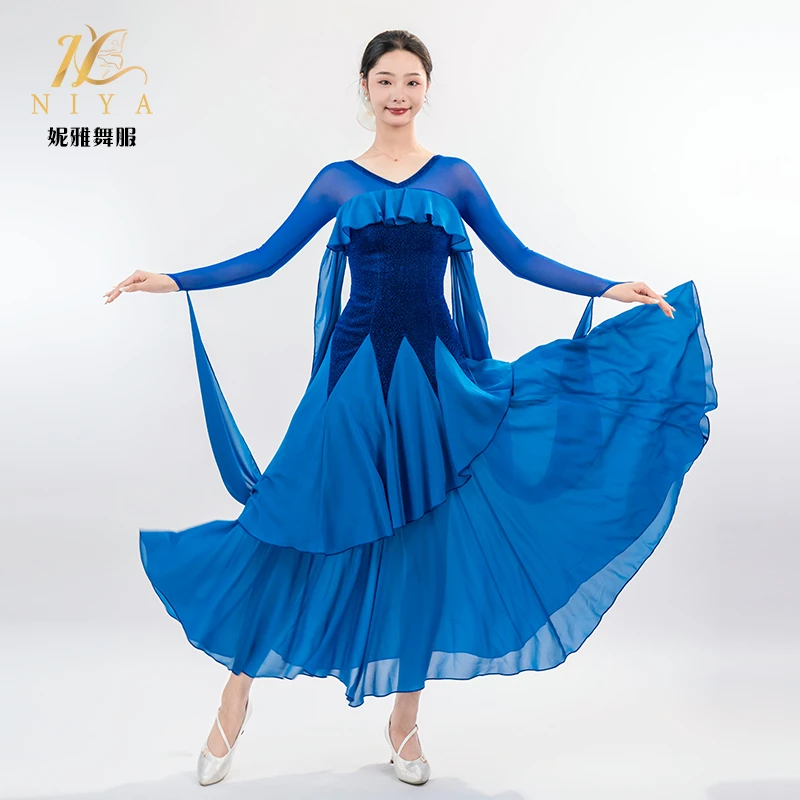摩登舞夏季新款【深海蓝浪】舞会必备连衣裙超大裙摆交谊舞国标舞服