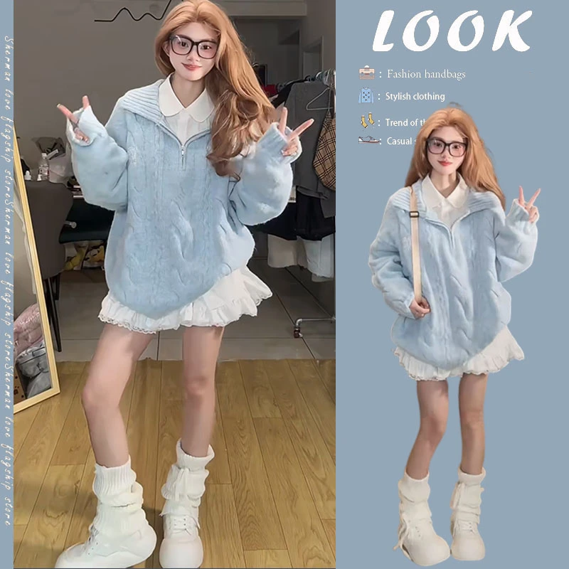 秋冬新款学院风慵懒翻领绞花毛衣女2025年新款麻花宽松套头针织衫