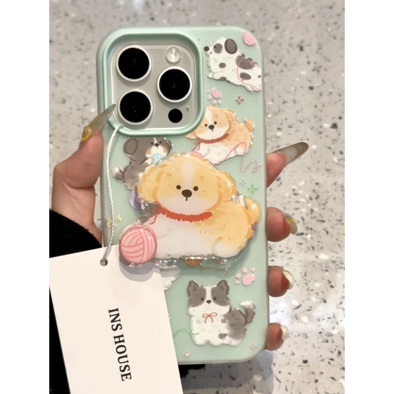 薄荷绿涂鸦玩毛球小狗适用iphone16promax苹果15pr手机壳14新款13