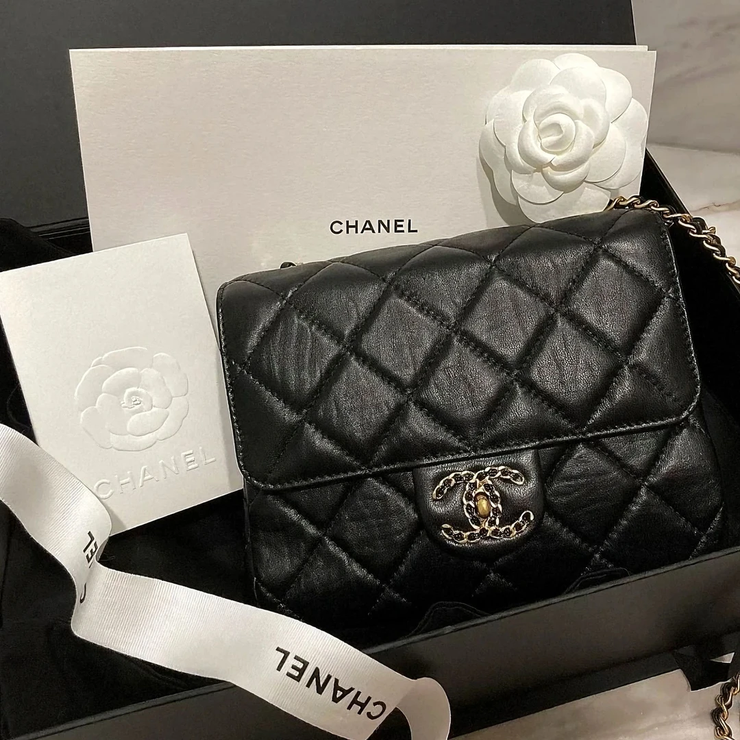 99新 Chanel/香奈儿 4054|香奈儿芯片黑金新款褶皱方胖子斜挎包|