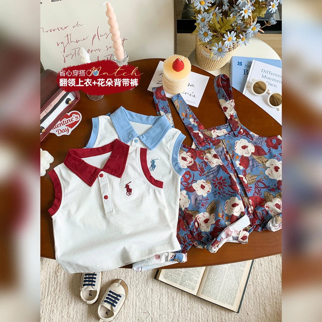 宝宝夏季新款套装翻领骑马刺绣背带裤SK4988