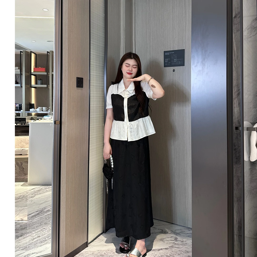 微胖女装夏季胖mm显瘦大码拼接撞色国风小衫上衣PP5753