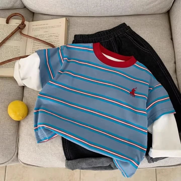 儿童假两件T恤长袖2025春秋款男童条纹上衣宝宝休闲打底衫女