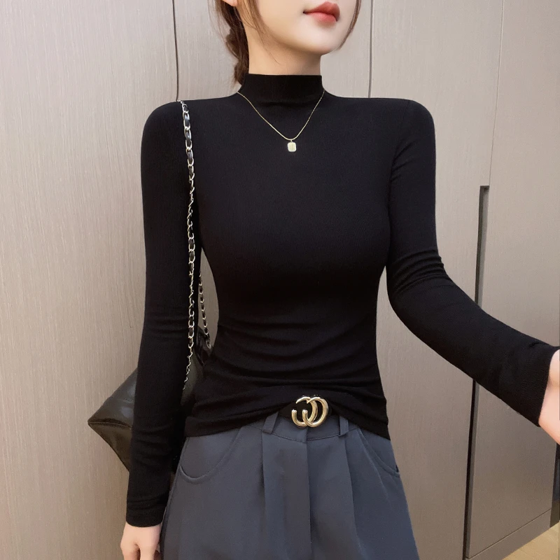 螺纹半高领长袖打底衫女洋气内搭2025黑色打底衫女2025新款爆款