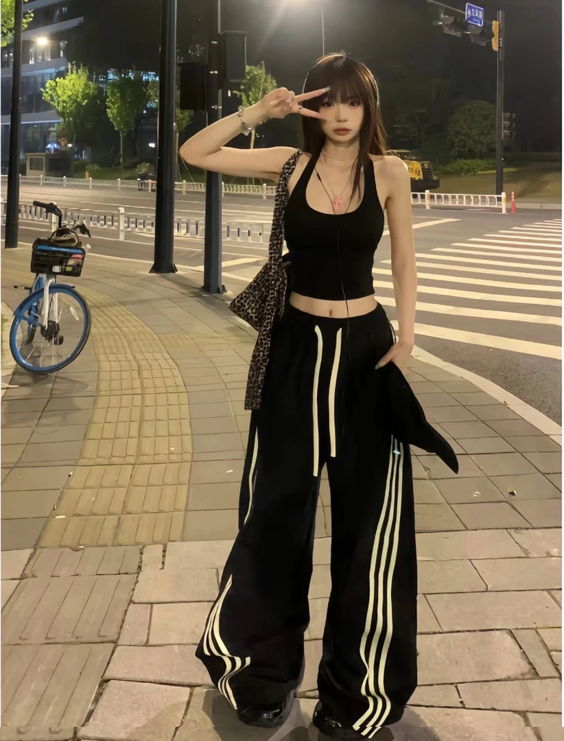 裤长110cm高个子175加长美式三条杠抽绳设计休闲裤女阔腿拖地裤子