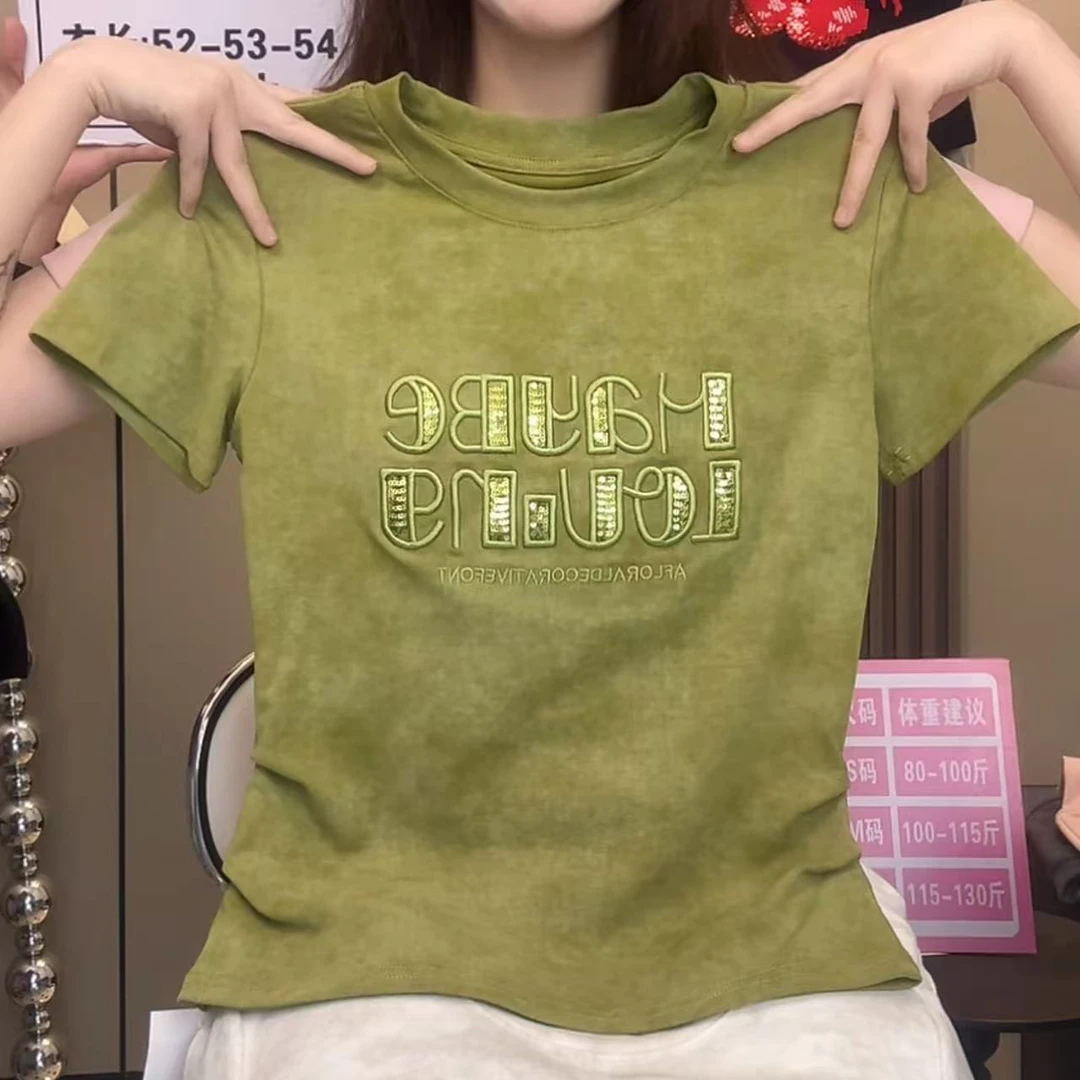 【重工刺绣亮片字母】夏季新款褶皱修身显瘦T恤百搭时尚休闲